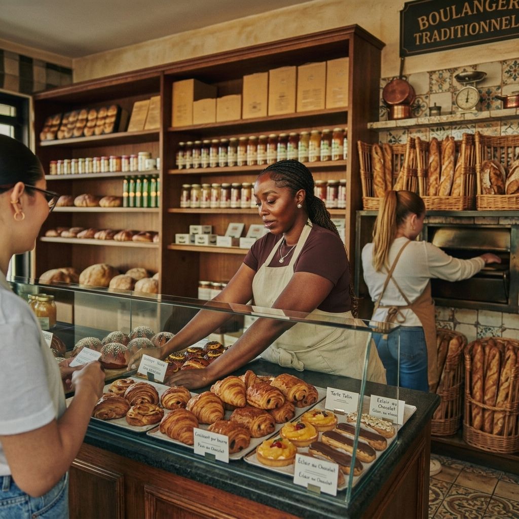 Responsable d'une boulangerie française conseillant une cliente, employé au fournil