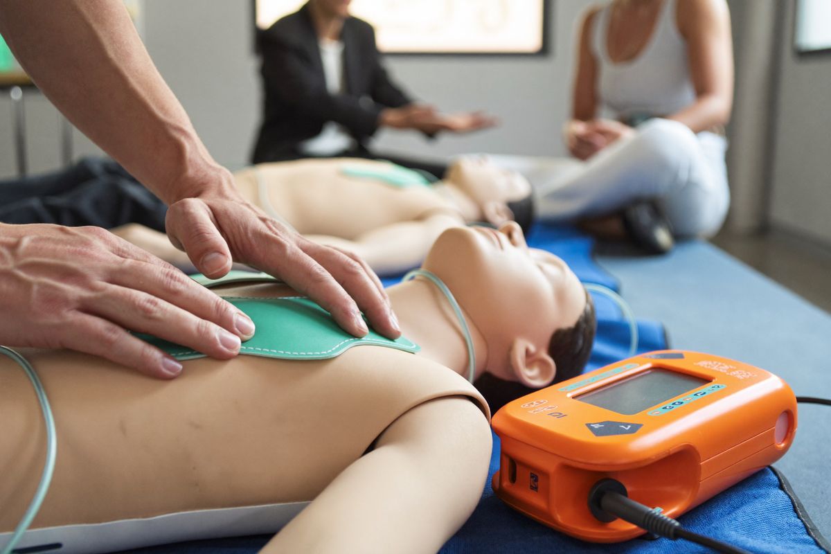 Exercice de pose des électrodes d'un défibrillateur de formation sur mannequin